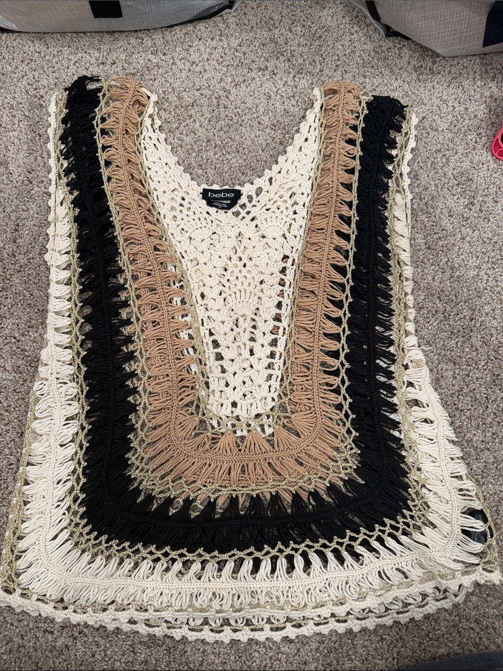 bebe Crochet V-Neck Tank Top in Cream, Black & Tan